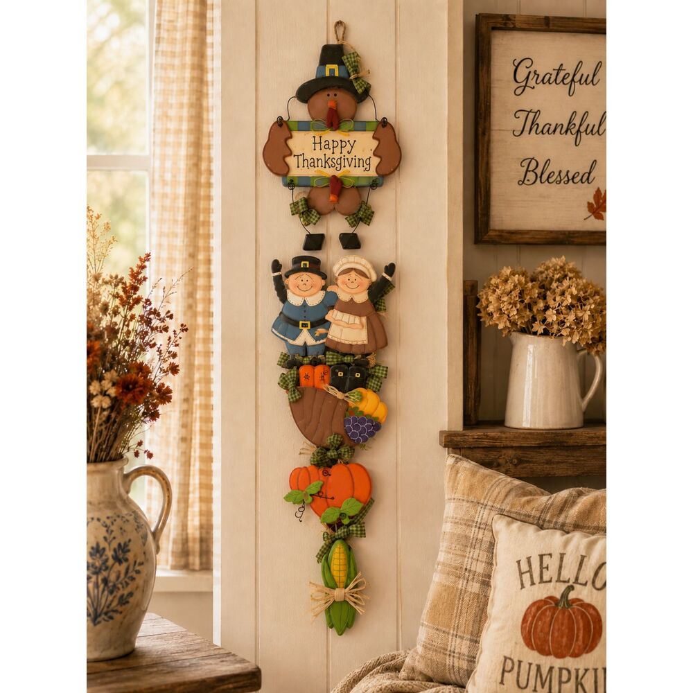 Thanksgiving Wood Wall Hanging Pilgrims, Turkey & Harvest Décor 17"